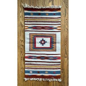 Vintage Zapotec Oaxacan Red Yellow Blue Story Handwoven Small Rug